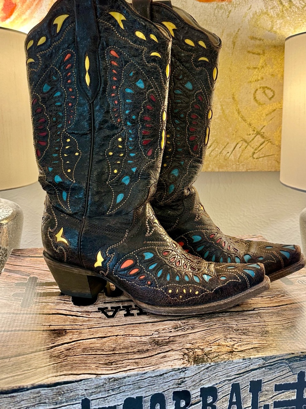 Corral Boots, dark brown burn out butterfly design